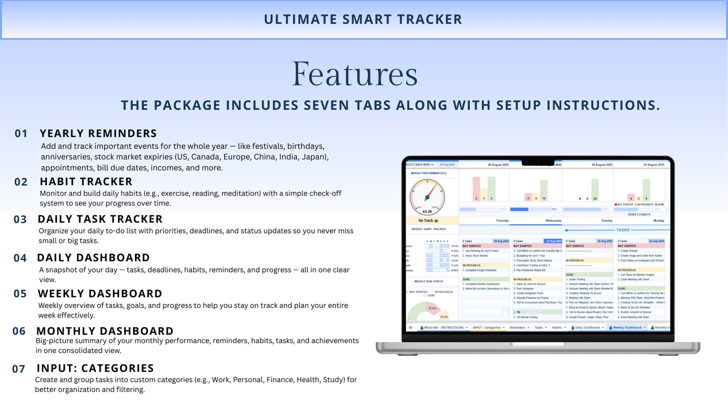 All-in-One Task, Habit & Reminder Tracker Spreadsheet | Google Sheets | Daily, Weekly, Monthly Dashboards