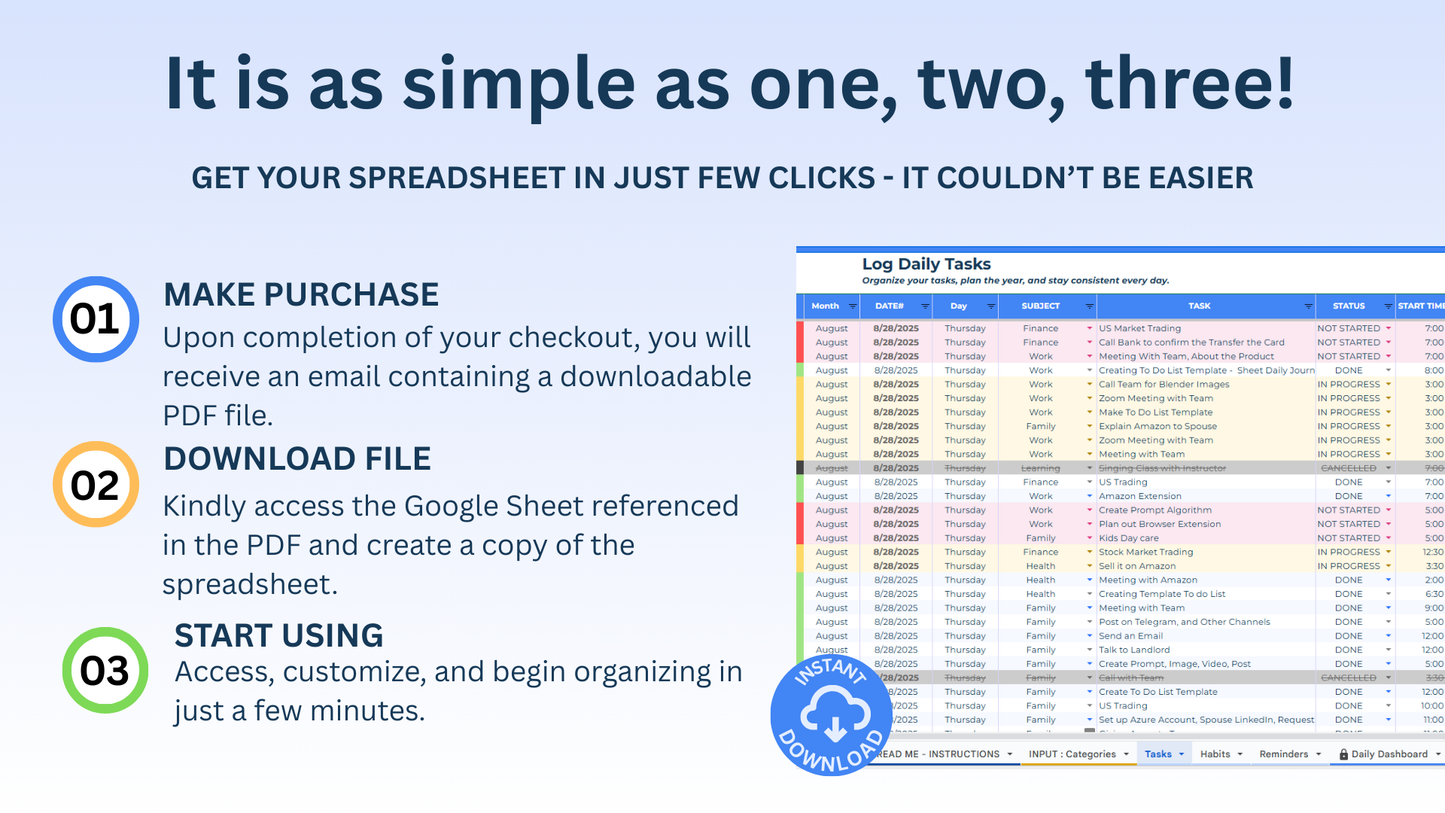 All-in-One Task, Habit & Reminder Tracker Spreadsheet | Google Sheets | Daily, Weekly, Monthly Dashboards